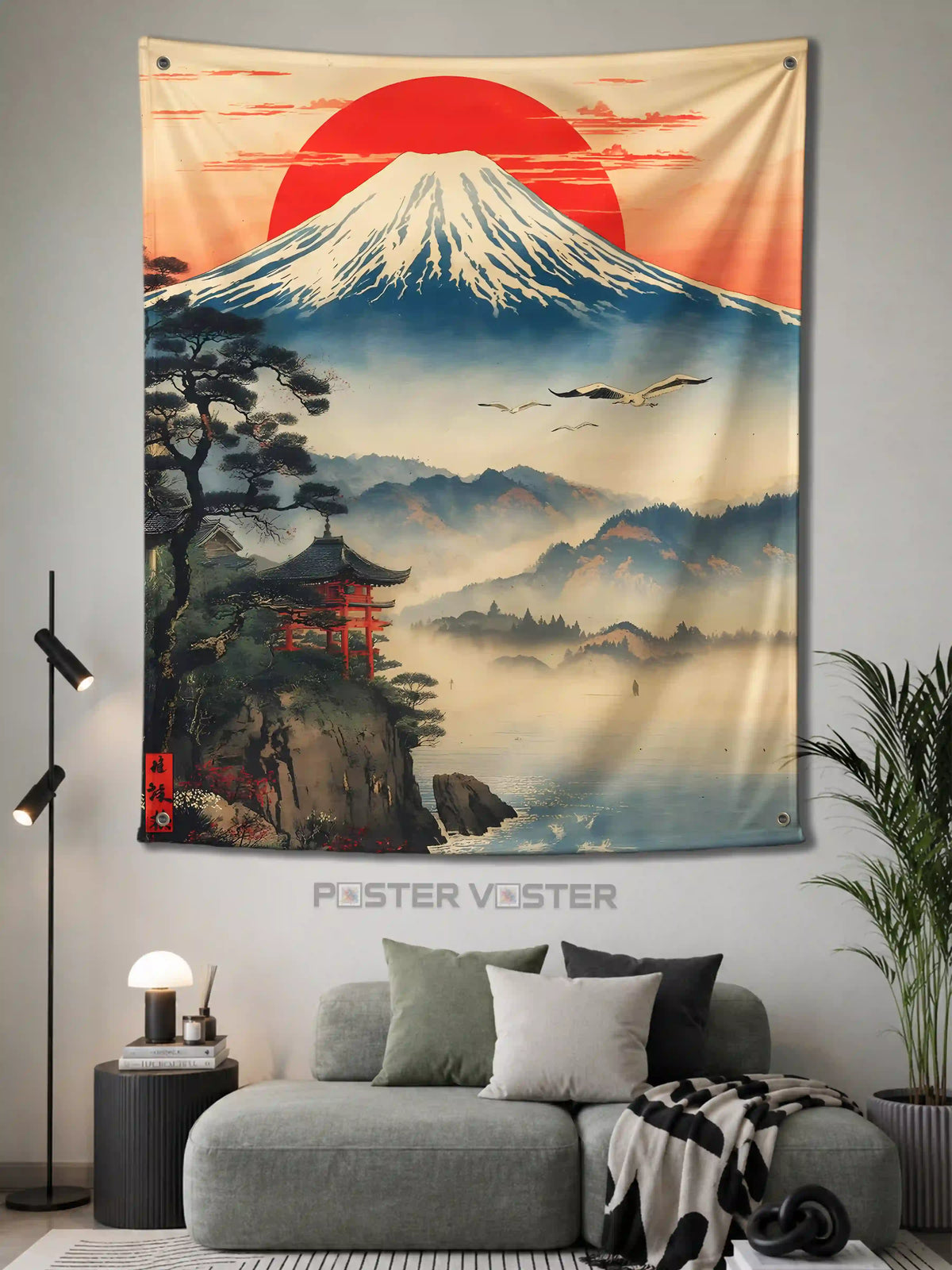 Red Sun & Mount Fuji Japanese Aesthetic Wall Tapestry - Poster Voster