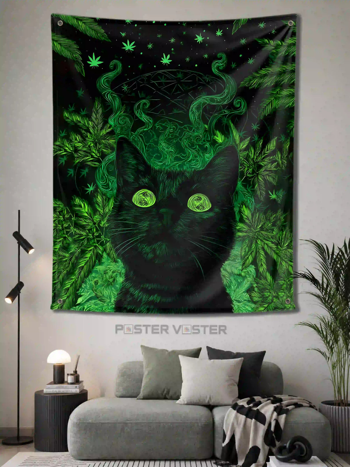 Trippy Black Cat Green Wall Tapestry on Wall - Poster Voster