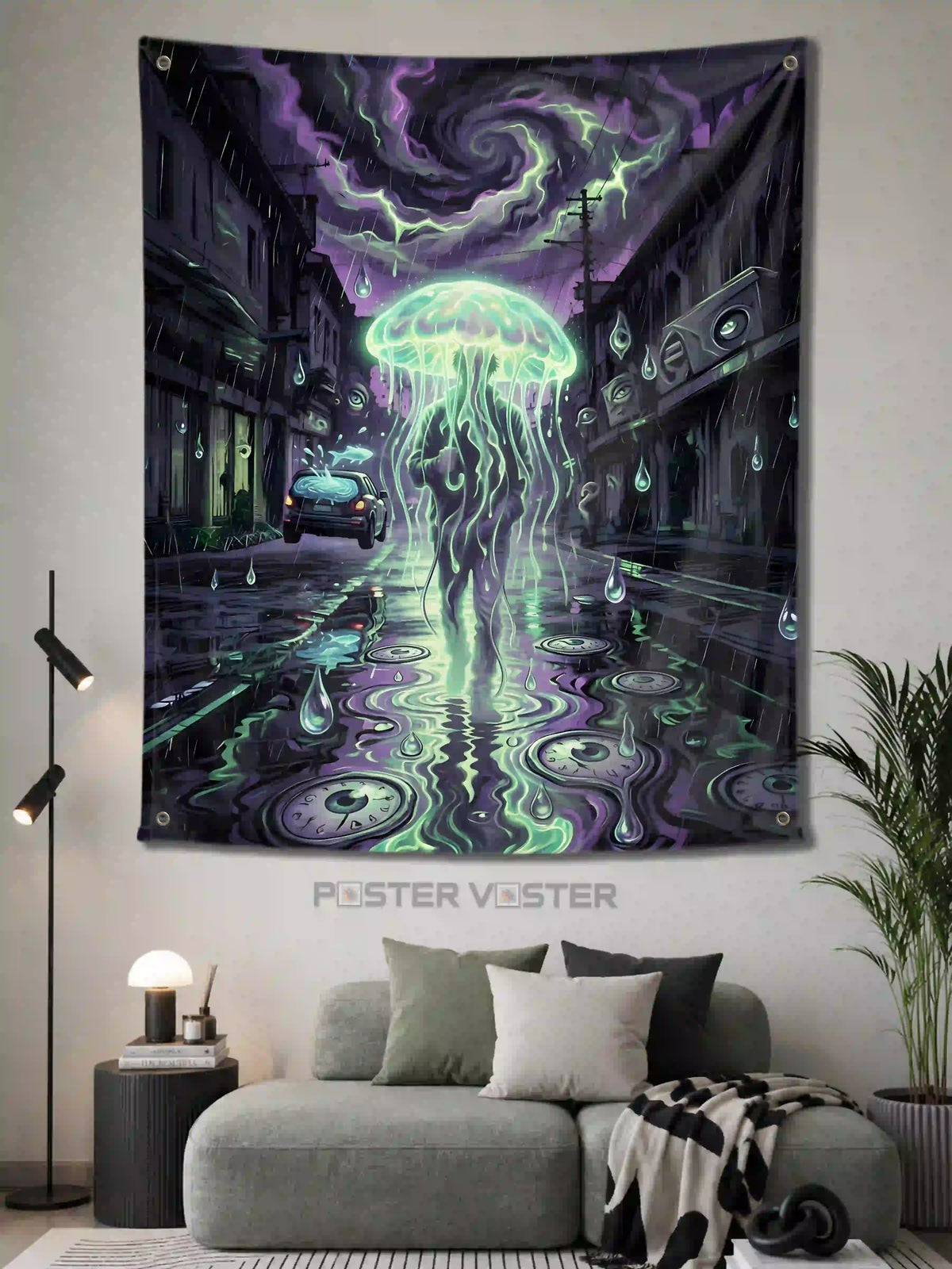 Trippy Jellyfish Psychedelic Surreal Rainy Wall Tapestry - Poster Voster